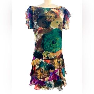 Catherine Malandrino 100% Silk Ruffle Sleeve and Hem Dress Sz 2 Nautilus Print